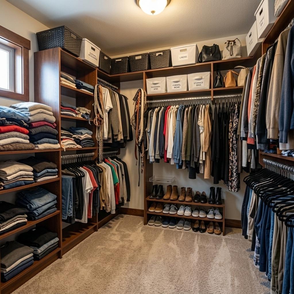 Same closet after: clothes color-coordinated on velvet hangers, shoes arranged on lower shelves, clear floor.