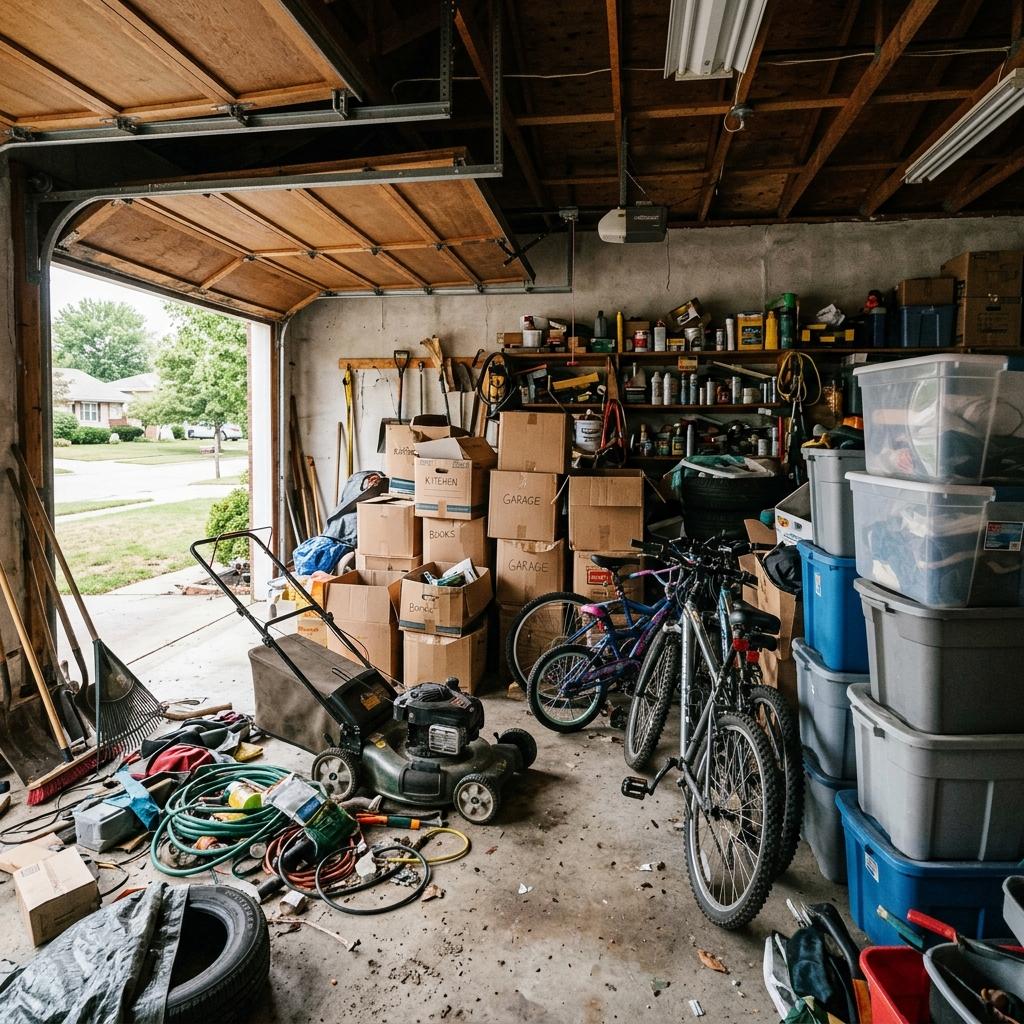 Garage before: cluttered floor with unorganized boxes, lawnmower, bikes, and totes blocking car space.