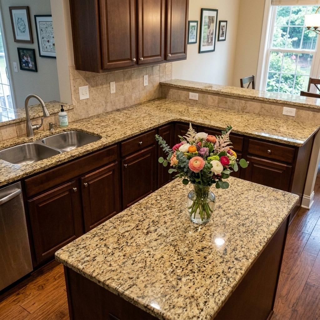 Same kitchen after: granite island and countertops completely clear and gleaming, fresh flowers in center.
